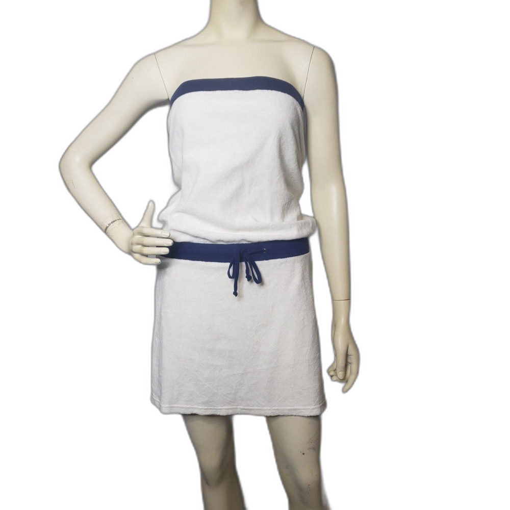 MODA INTERNATIONAL White and Navy Blue Terry Cloth Strapless Mini Dress Large